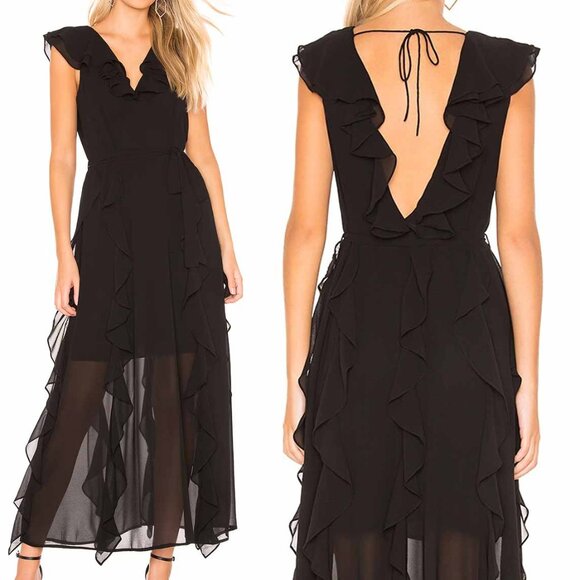 Bardot Emily Frill Maxi Dress with Ruffle Overlay 4 XS Black Dark Romantic $129 - Picture 2 of 16